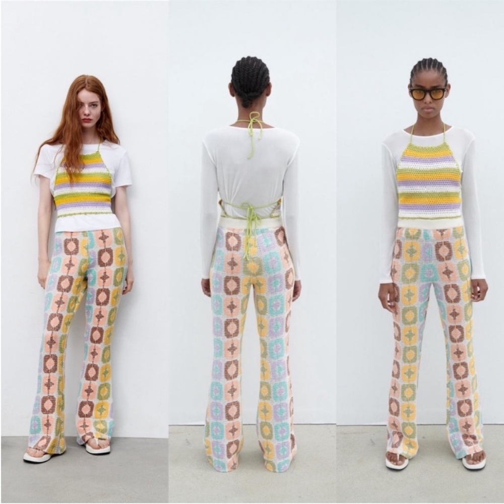 Zara Pastel Multicolor Patterned Boot Cut Pants - Picture 4 of 16